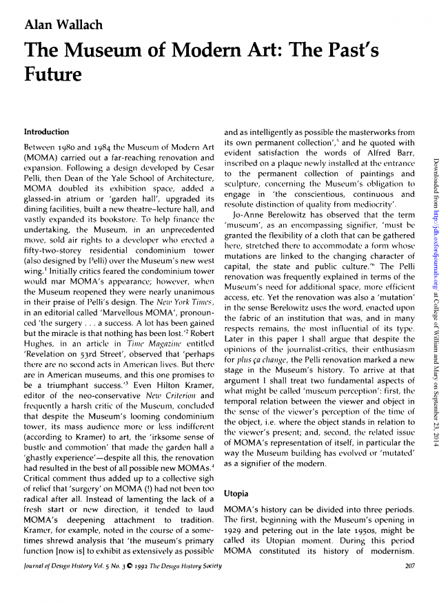Alan Wallach, “The Museum of Modern Art: The Past’s Future” [El Museo de Arte Moderno. El futuro del pasado], <em>Journal of Design History</em>, vol. 5, n.º 3, 1992, p. 207