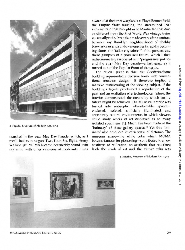 Alan Wallach, “The Museum of Modern Art: The Past’s Future” [El Museo de Arte Moderno. El futuro del pasado], <em>Journal of Design History</em>, vol. 5, n.º 3, 1992, p. 209