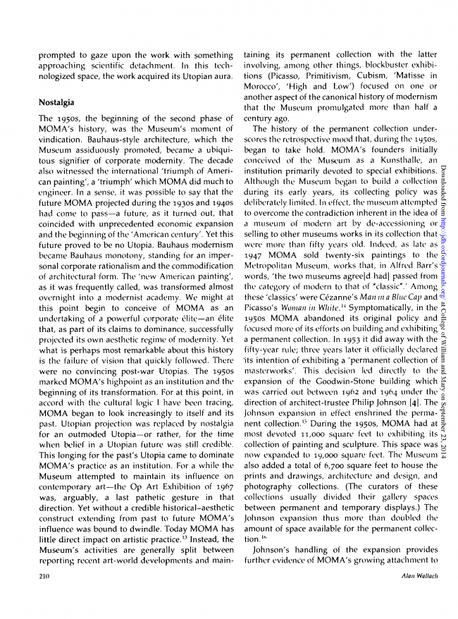 Alan Wallach, “The Museum of Modern Art: The Past’s Future” [El Museo de Arte Moderno. El futuro del pasado], <em>Journal of Design History</em>, vol. 5, n.º 3, 1992, p. 210