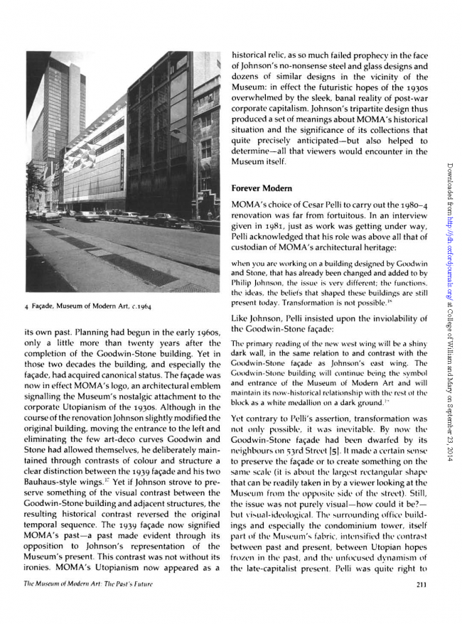 Alan Wallach, “The Museum of Modern Art: The Past’s Future” [El Museo de Arte Moderno. El futuro del pasado], <em>Journal of Design History</em>, vol. 5, n.º 3, 1992, p. 211