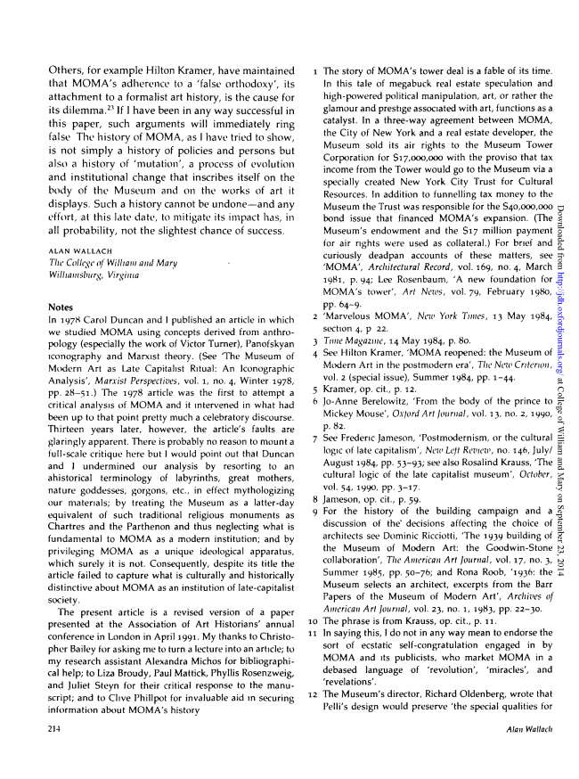 Alan Wallach, “The Museum of Modern Art: The Past’s Future” [El Museo de Arte Moderno. El futuro del pasado], <em>Journal of Design History</em>, vol. 5, n.º 3, 1992, p. 214