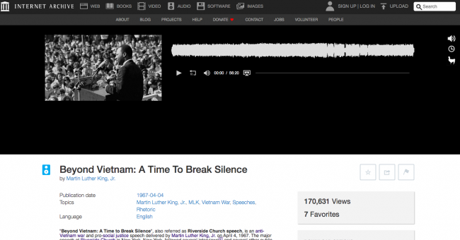 Captura de la página web archive.org donde se encuentra disponible el discurso de Martin Luther King "Beyond Vietnam: A Time To Break Silence" 