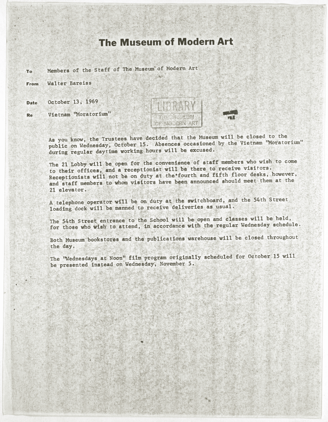Circular de Art Workers' Coalition, <em>Vietnam “Moratorium”</em> [“Moratoria” por Vietnam], Nueva York, 10 de octubre, 1969