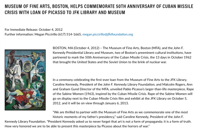 Comunicado del Museum of Fine Arts de Boston, 4 de octubre, 2012 