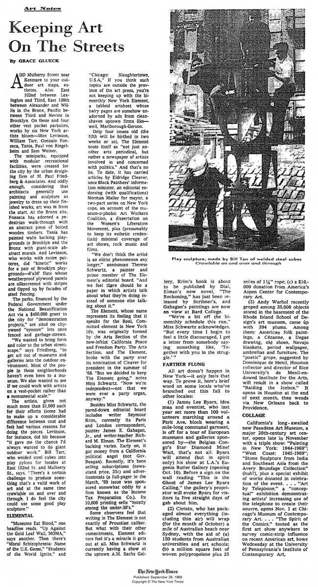 Grace Glueck, “Keeping Art On The Streets” [Manteniendo el arte en las calles], <em>The New York Times</em>, Nueva York, 28 de septiembre, 1969, sección D, p. 35