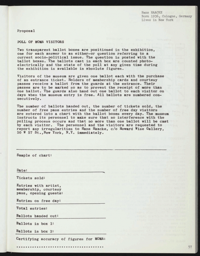 Hans Haacke, “Proposal: Poll of MoMA Visitors”, in Kynaston L. McShine (ed.), <em>Information</em>, exh. cat., New York: MoMA, 1970, 57