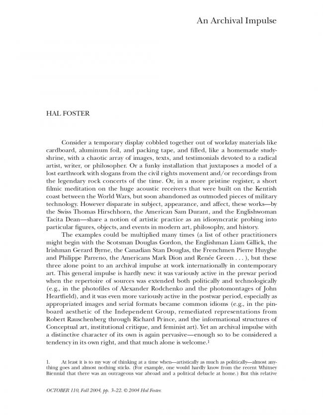 Hal Foster, “An Archival Impulse” [Un impulso archivístico], <em>October</em>, Cambridge (MA), The MIT Press, n. 110, otoño, 2004, p. 3