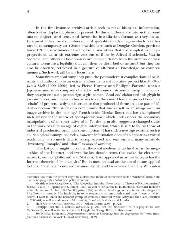 Hal Foster, “An Archival Impulse” [Un impulso archivístico], <em>October</em>, Cambridge (MA), The MIT Press, n. 110, otoño, 2004, p. 4