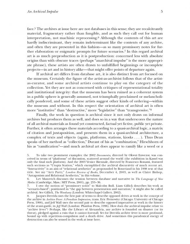 Hal Foster, “An Archival Impulse” [Un impulso archivístico], <em>October</em>, Cambridge (MA), The MIT Press, n. 110, otoño, 2004, p. 5