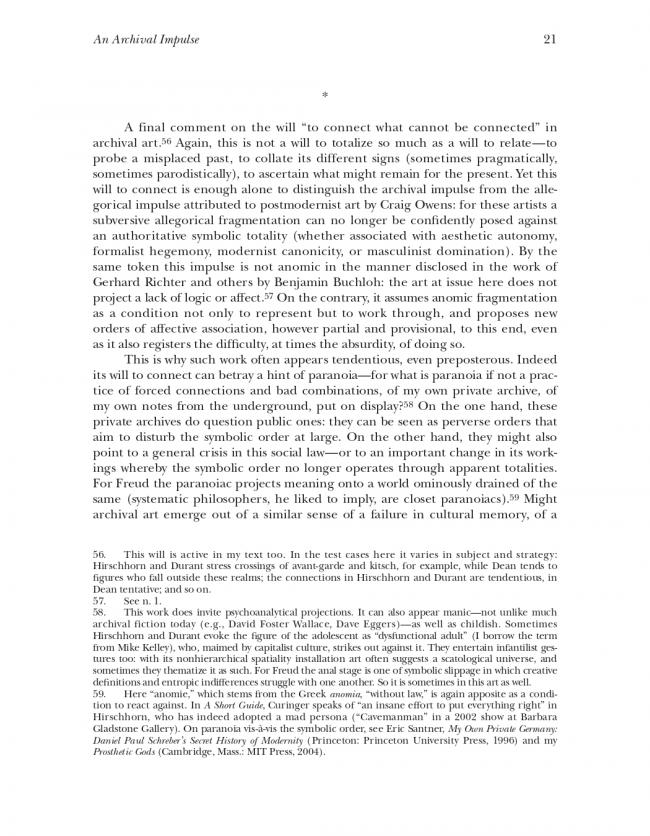 Hal Foster, “An Archival Impulse” [Un impulso archivístico], <em>October</em>, Cambridge (MA), The MIT Press, n. 110, otoño, 2004, p. 21