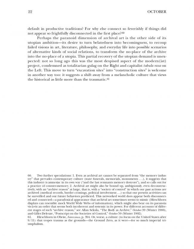 Hal Foster, “An Archival Impulse” [Un impulso archivístico], <em>October</em>, Cambridge (MA), The MIT Press, n. 110, otoño, 2004, p. 22