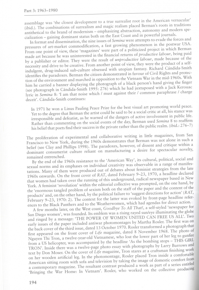 Francis Frascina, “New Modes of Dissent in Art of the 1960s and 1970s: Visual Culture and Strategies of Resistance: from Semina to Heresies” [Nuevas formas de disenso en el arte de los años 1960 y 1970. Cultura visual y estrategias de resistencia. De Semina a Heresies], en David Holloway y John Beck (eds.), <em>American Visual Cultures</em>, Nueva York, Continuum, 2005, p. 194