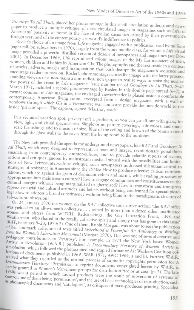 Francis Frascina, “New Modes of Dissent in Art of the 1960s and 1970s: Visual Culture and Strategies of Resistance: from Semina to Heresies” [Nuevas formas de disenso en el arte de los años 1960 y 1970. Cultura visual y estrategias de resistencia. De Semina a Heresies], en David Holloway y John Beck (eds.), <em>American Visual Cultures</em>, Nueva York, Continuum, 2005, p. 195