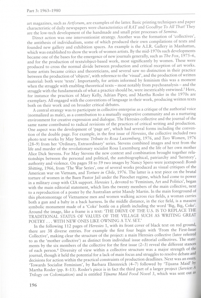 Francis Frascina, “New Modes of Dissent in Art of the 1960s and 1970s: Visual Culture and Strategies of Resistance: from Semina to Heresies” [Nuevas formas de disenso en el arte de los años 1960 y 1970. Cultura visual y estrategias de resistencia. De Semina a Heresies], en David Holloway y John Beck (eds.), <em>American Visual Cultures</em>, Nueva York, Continuum, 2005, p. 196