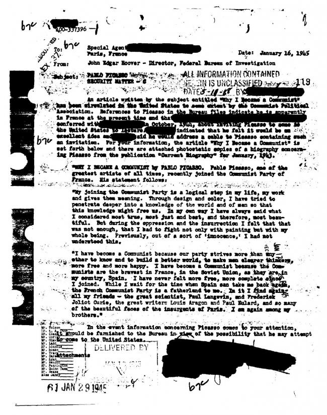 Ficha sobre Pablo Picasso del FBI, ca. 1945-1969 