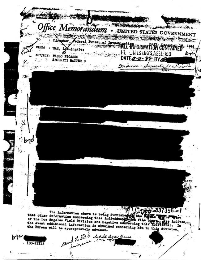 Ficha sobre Pablo Picasso del FBI, ca. 1945-1969 