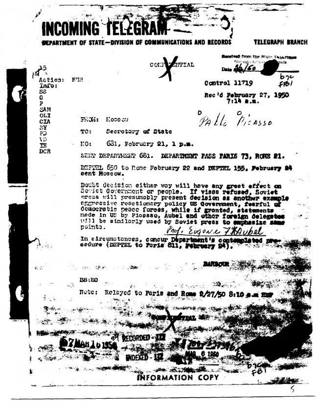 Ficha sobre Pablo Picasso del FBI, ca. 1945-1969 