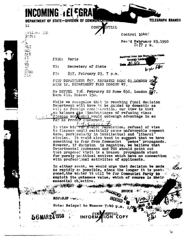 Ficha sobre Pablo Picasso del FBI, ca. 1945-1969 