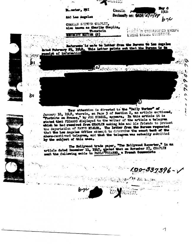Ficha sobre Pablo Picasso del FBI, ca. 1945-1969 