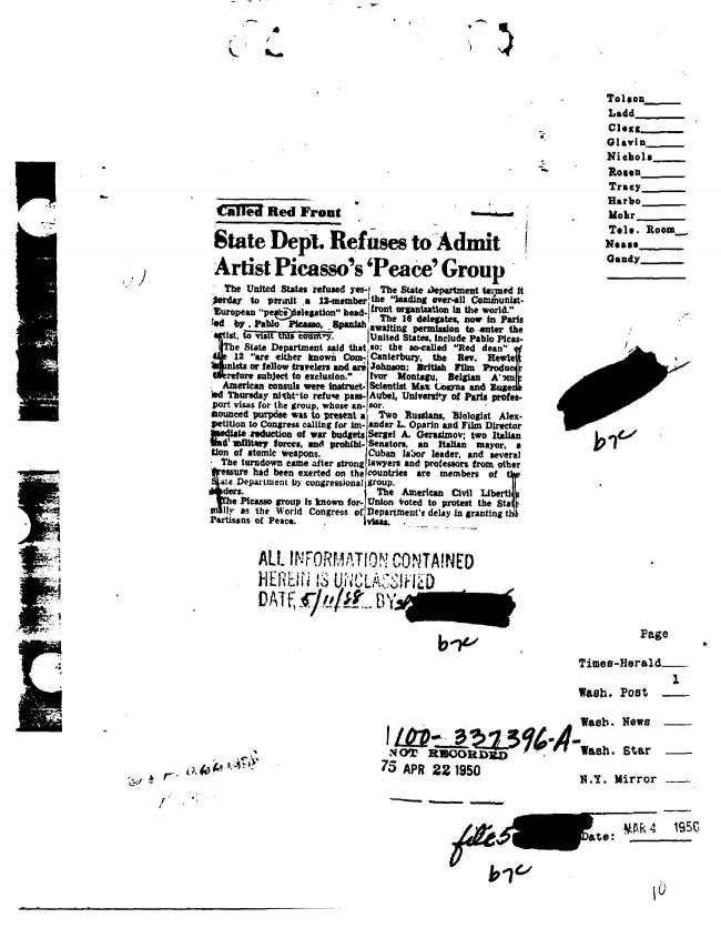 Ficha sobre Pablo Picasso del FBI, ca. 1945-1969 