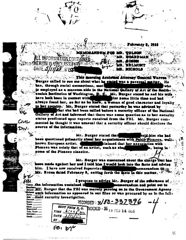 Ficha sobre Pablo Picasso del FBI, ca. 1945-1969 