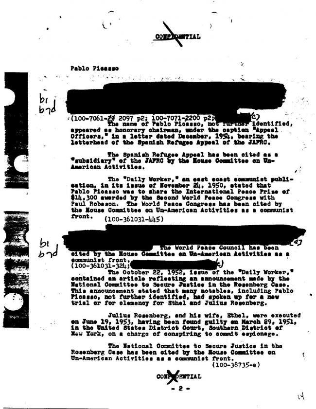 Ficha sobre Pablo Picasso del FBI, ca. 1945-1969 