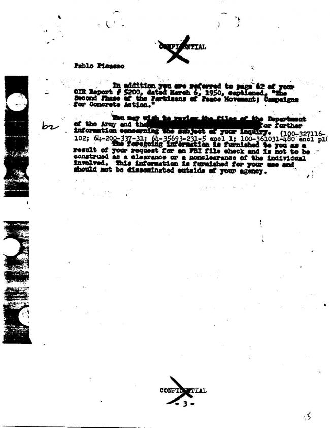 Ficha sobre Pablo Picasso del FBI, ca. 1945-1969 