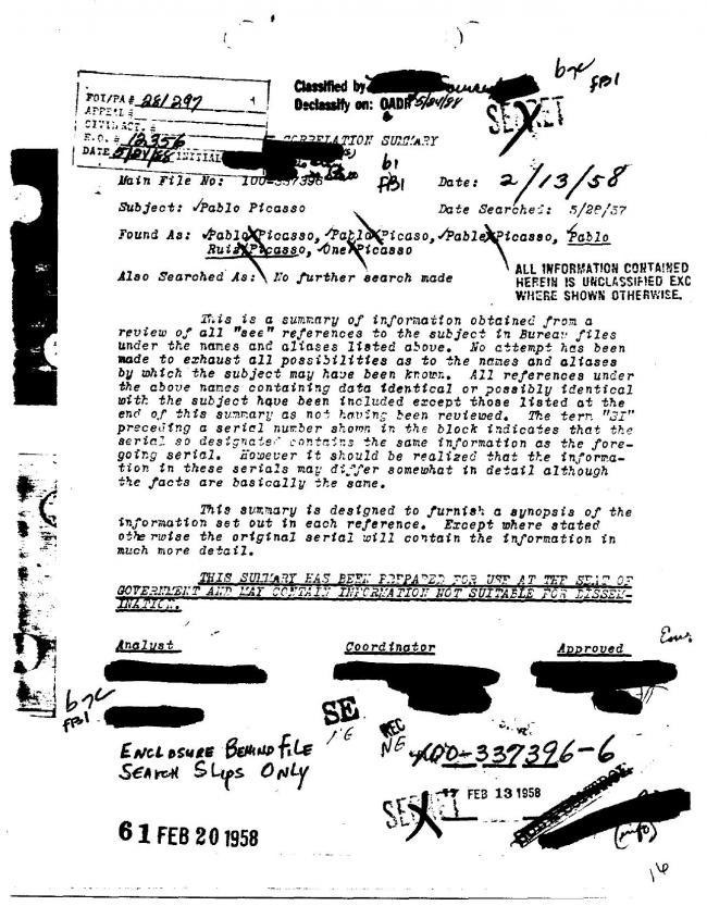 Ficha sobre Pablo Picasso del FBI, ca. 1945-1969 