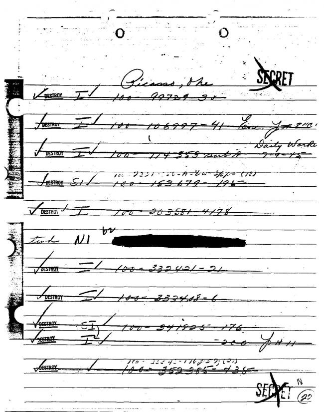 Ficha sobre Pablo Picasso del FBI, ca. 1945-1969 