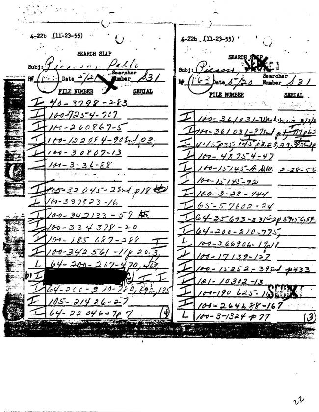 Ficha sobre Pablo Picasso del FBI, ca. 1945-1969 