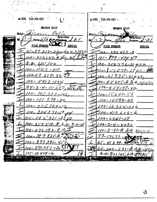 Ficha sobre Pablo Picasso del FBI, ca. 1945-1969 