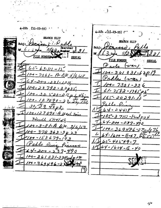 Ficha sobre Pablo Picasso del FBI, ca. 1945-1969 