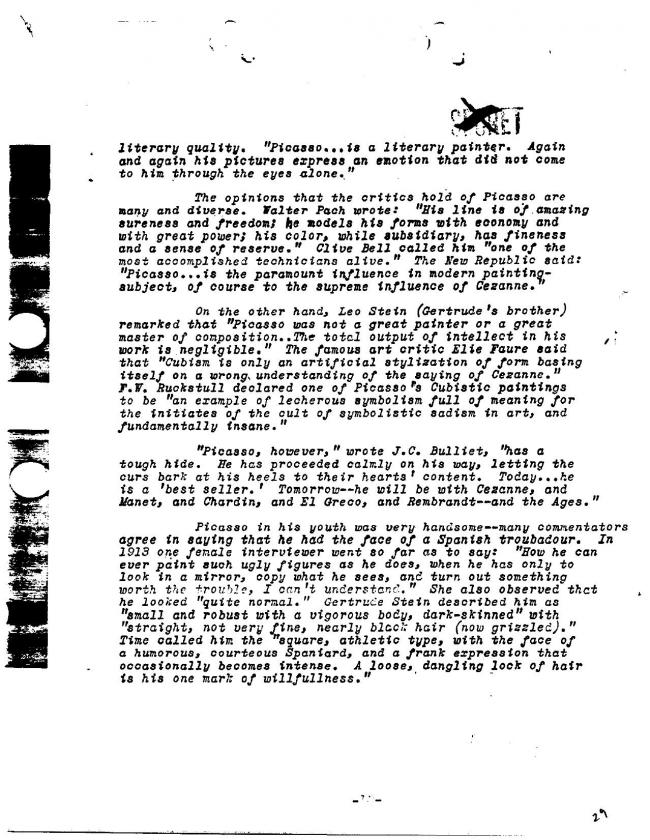 Ficha sobre Pablo Picasso del FBI, ca. 1945-1969 