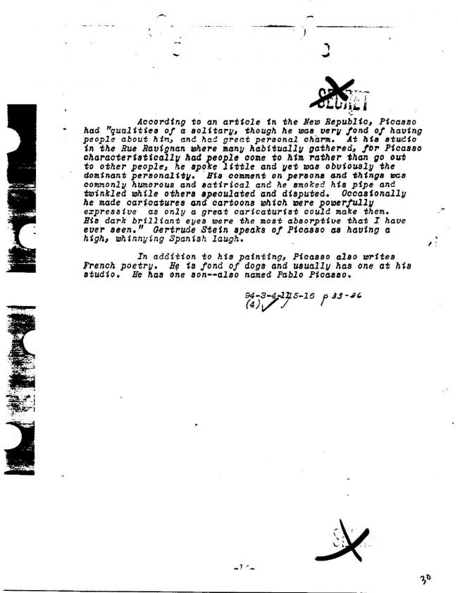 Ficha sobre Pablo Picasso del FBI, ca. 1945-1969 