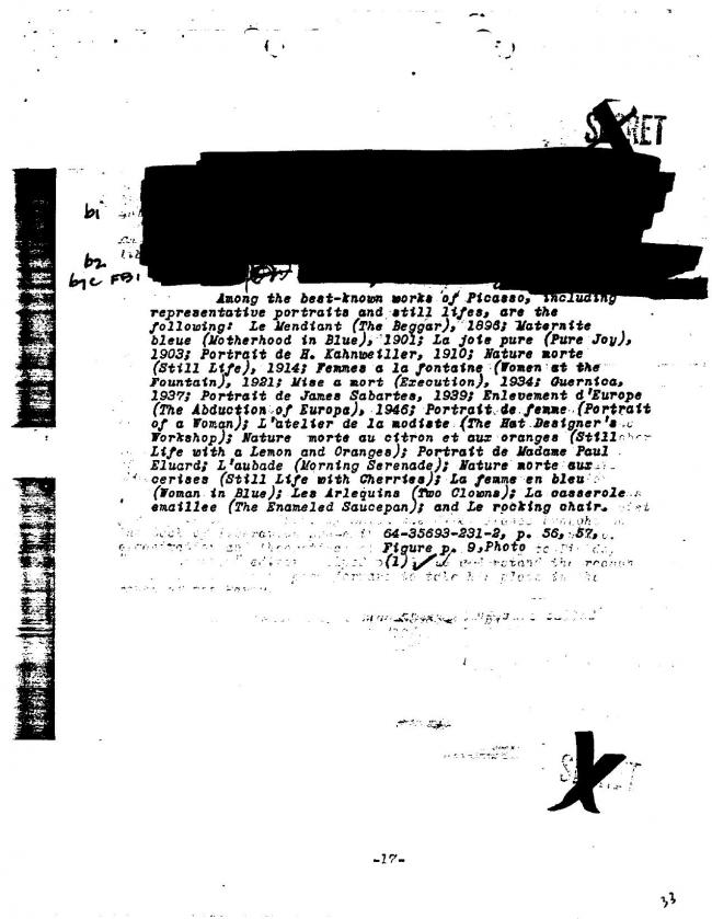 Ficha sobre Pablo Picasso del FBI, ca. 1945-1969 