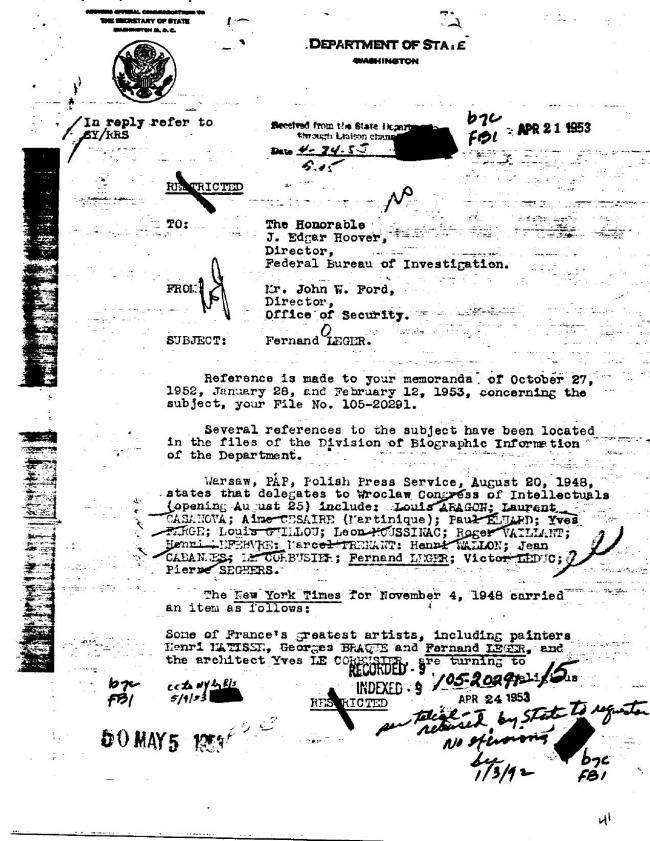 Ficha sobre Pablo Picasso del FBI, ca. 1945-1969 