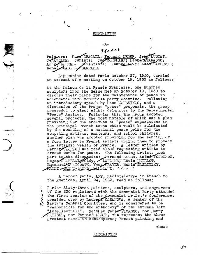 Ficha sobre Pablo Picasso del FBI, ca. 1945-1969 