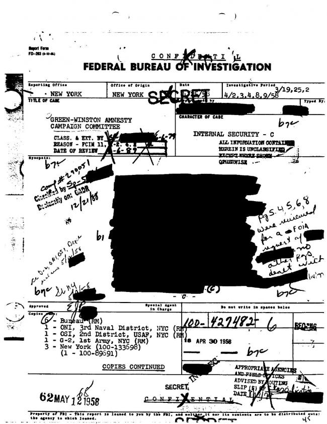 Ficha sobre Pablo Picasso del FBI, ca. 1945-1969 