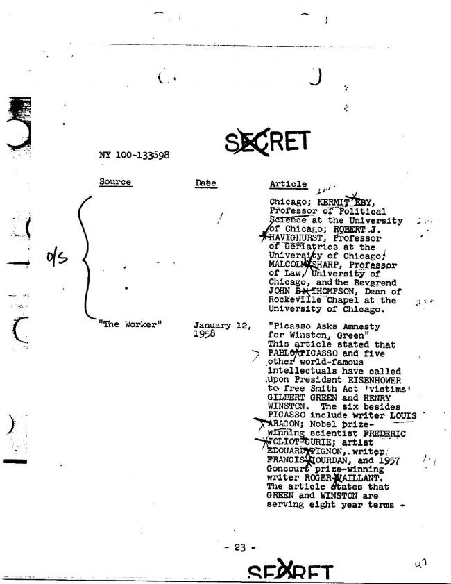 Ficha sobre Pablo Picasso del FBI, ca. 1945-1969 