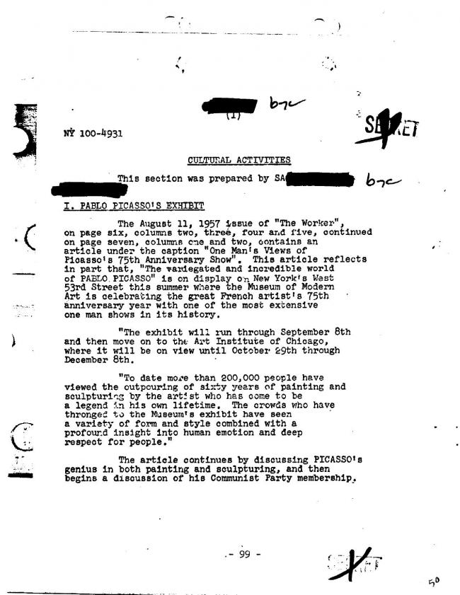 Ficha sobre Pablo Picasso del FBI, ca. 1945-1969 