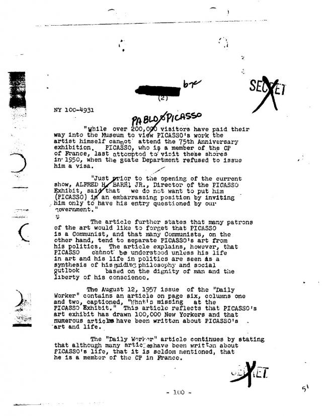 Ficha sobre Pablo Picasso del FBI, ca. 1945-1969 