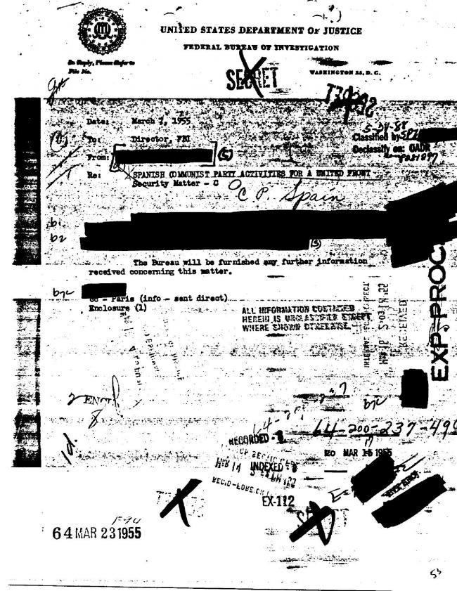 Ficha sobre Pablo Picasso del FBI, ca. 1945-1969 