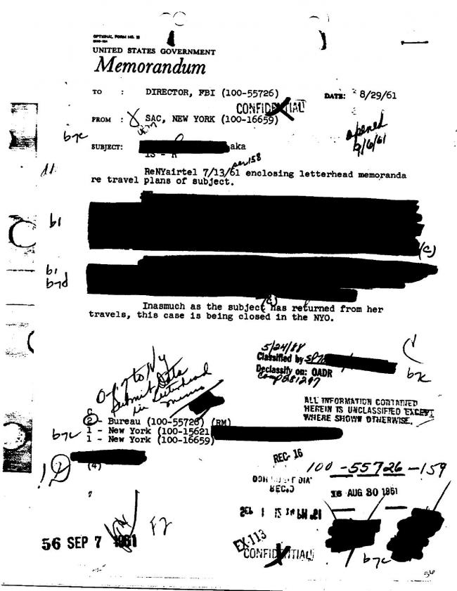 Ficha sobre Pablo Picasso del FBI, ca. 1945-1969 