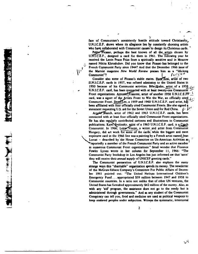 Ficha sobre Pablo Picasso del FBI, ca. 1945-1969 