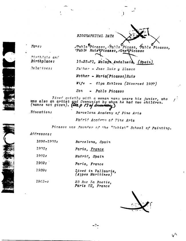 Ficha sobre Pablo Picasso del FBI, ca. 1945-1969 