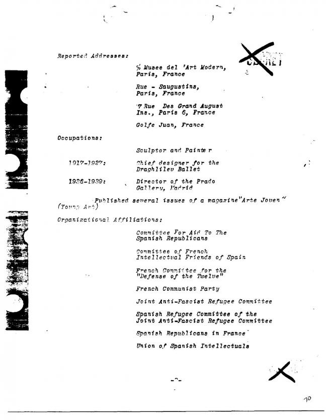 Ficha sobre Pablo Picasso del FBI, ca. 1945-1969 