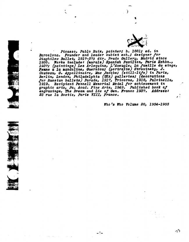 Ficha sobre Pablo Picasso del FBI, ca. 1945-1969 