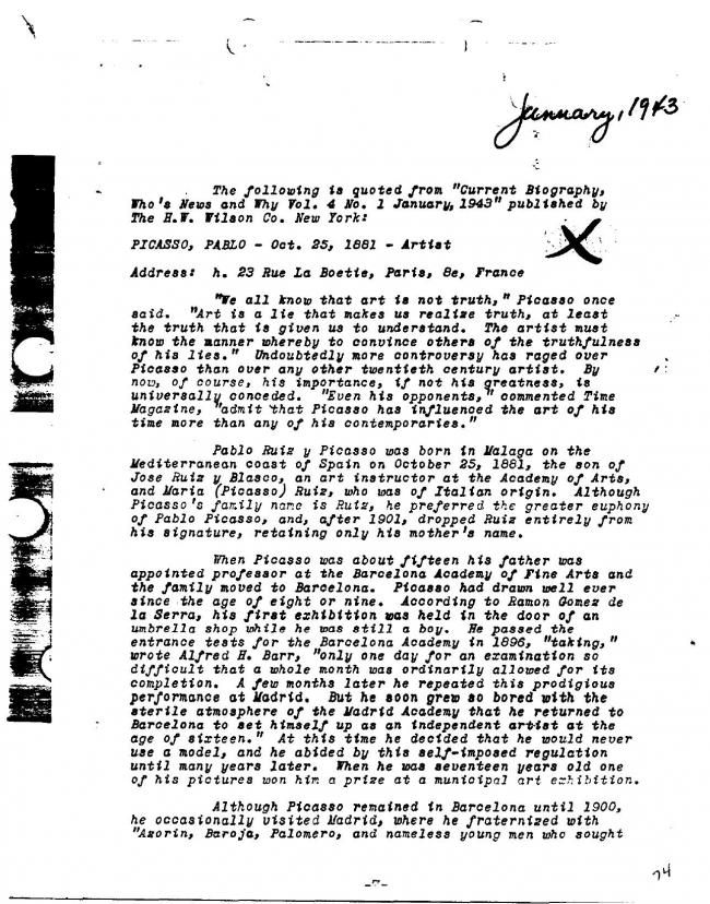 Ficha sobre Pablo Picasso del FBI, ca. 1945-1969 