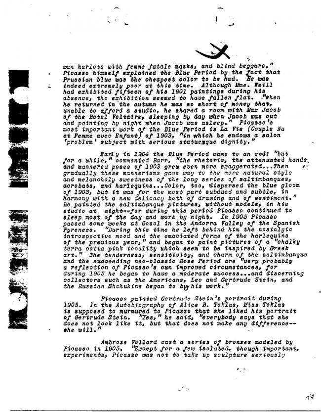 Ficha sobre Pablo Picasso del FBI, ca. 1945-1969 