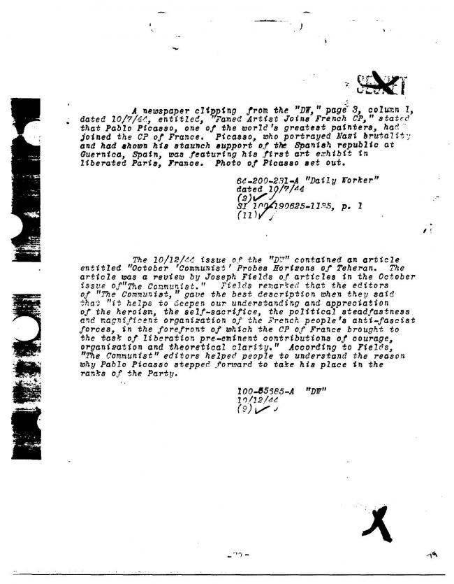 Ficha sobre Pablo Picasso del FBI, ca. 1945-1969 